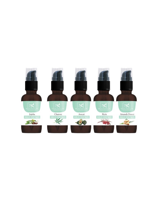 Pack Huiles Végétales Naturelles – Amande Douce, Ricin, Avocat, Chanvre, Jojoba pour Peau et Cheveux