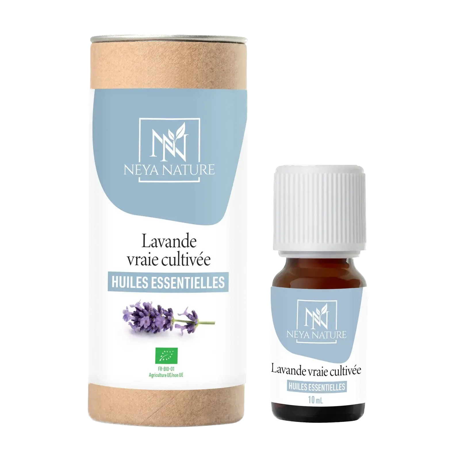 Flacon d’huile essentielle Neya Nature entouré de plantes